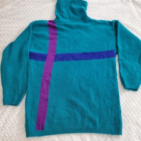 VTG Richard And Company Lambswool Angora Sweater Retro Geometric Teal Purple M - Picture 2 of 15